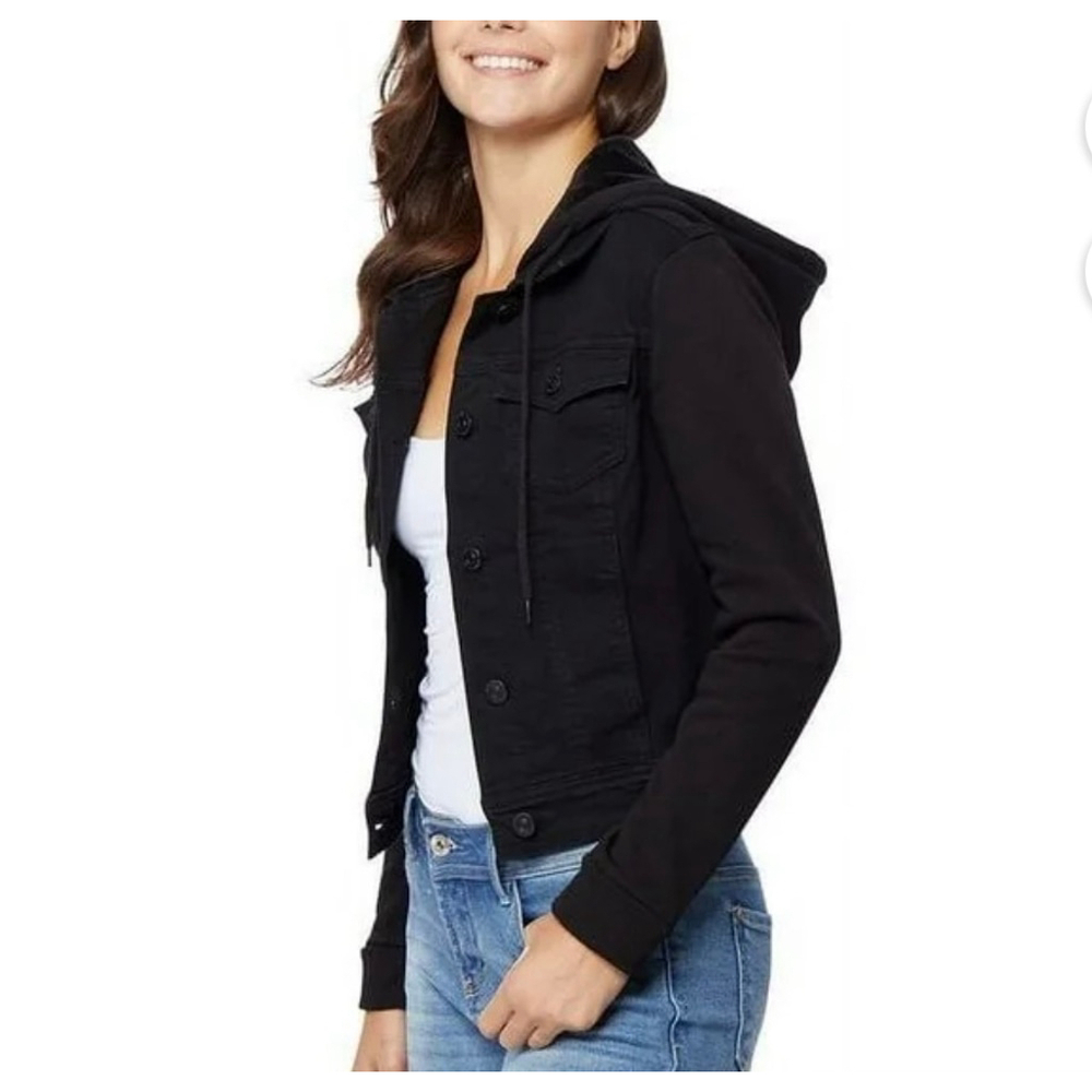 WallFlower Juniors Black Denim Hooded Jacket Knit Sleeves M